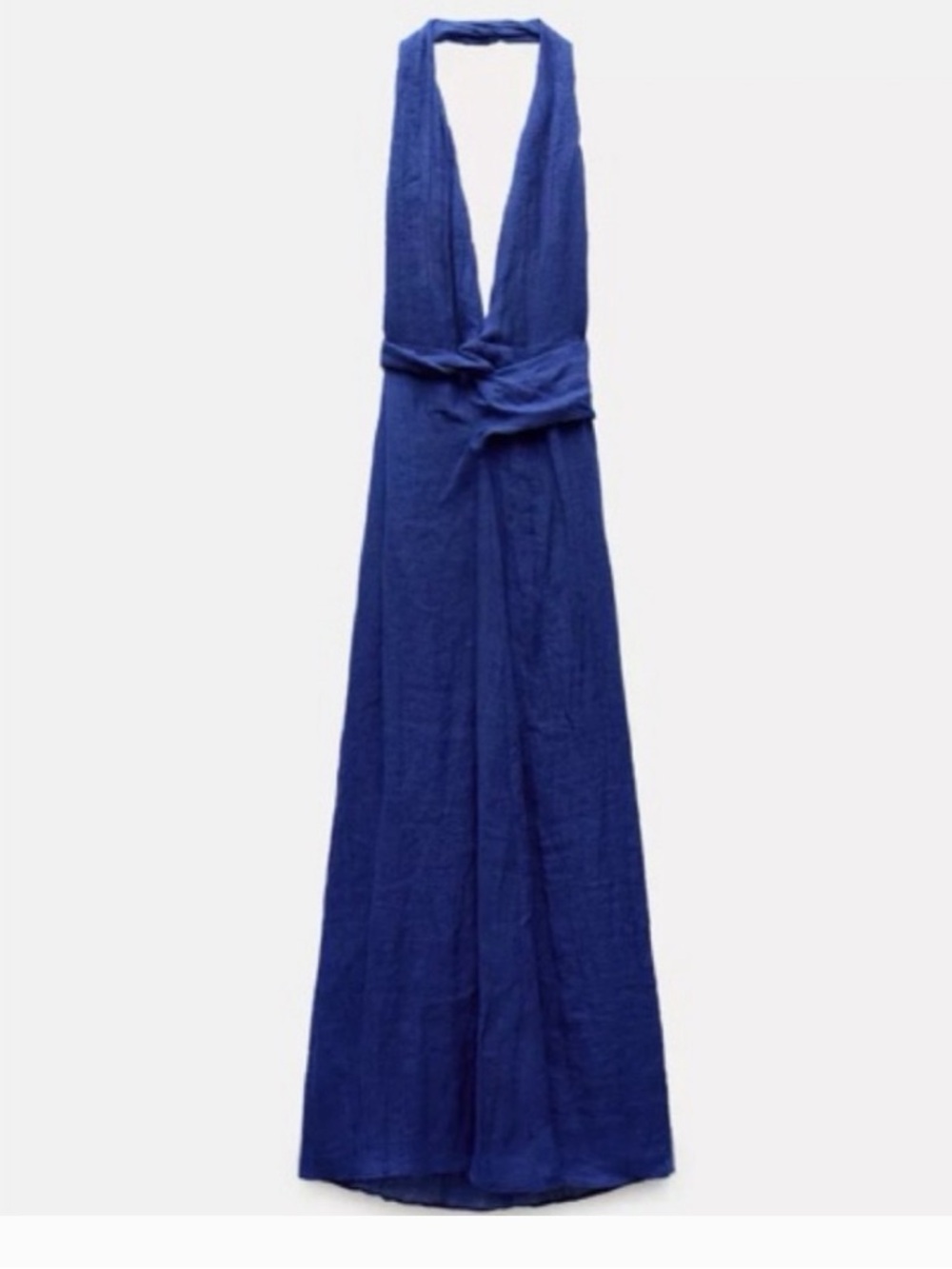 NWOT Zara ZW Collection Halter Maxi Deep V Linen Dress | Cobalt Blue - Picture 4 of 8